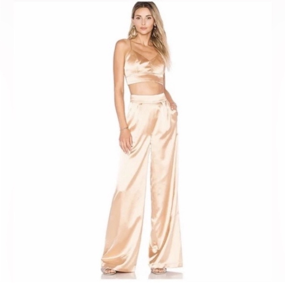 House of Harlow 1960 Satin Wide Leg Charlie Pants Champagne Ivory Tan Flare